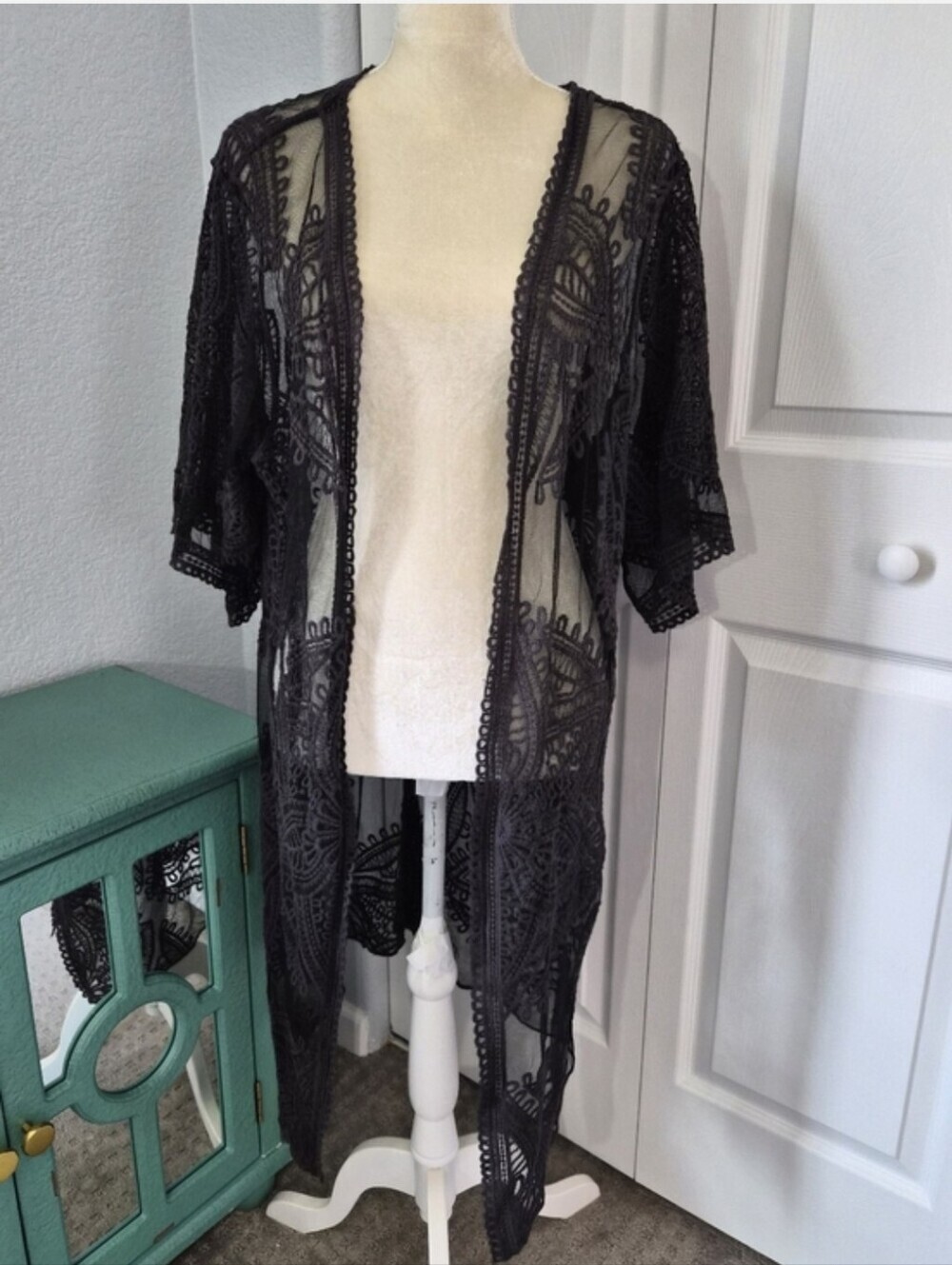 Black Sheer Lace Duster Kimono Cardigan Large Boho Festival Swim Coverup